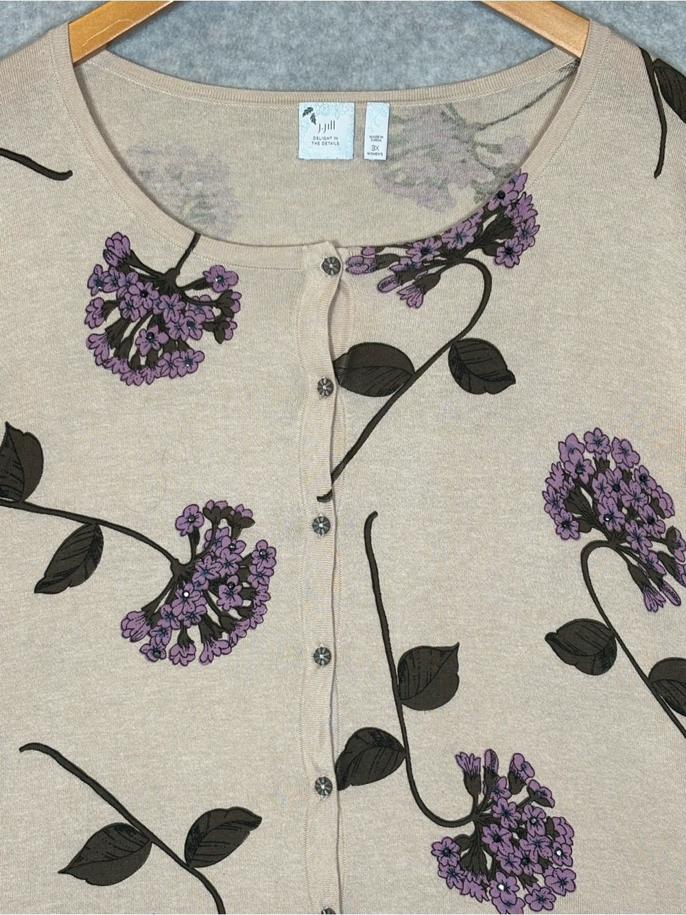 J. Jill 3/4-Sleeve Floral Button-Front Knit Sweater Cardigan-Tan/Purple-Women 3X